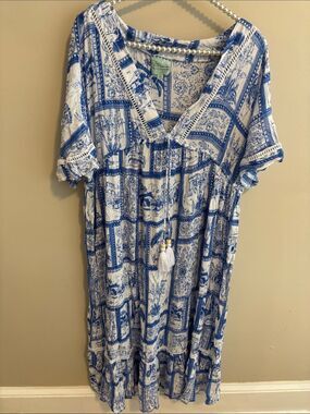 True Destinations Dress Medium M Blue White Toile Patchwork Tiered Midi Boho